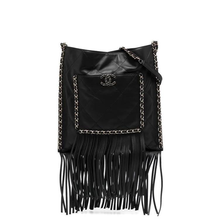 Black Leather and Chain Fringe Shopping Bag - Replica Handbags