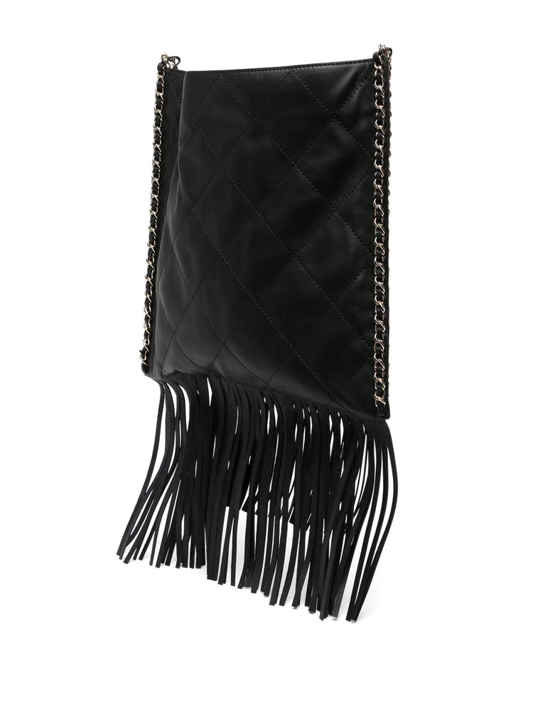 Black Leather and Chain Fringe Shopping Bag - Replica Handbags