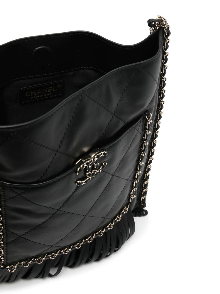 Black Leather and Chain Fringe Shopping Bag - Replica Handbags