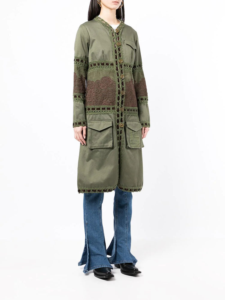 Military Green Lace Detail Single-breasted Coat - Replica Handbags