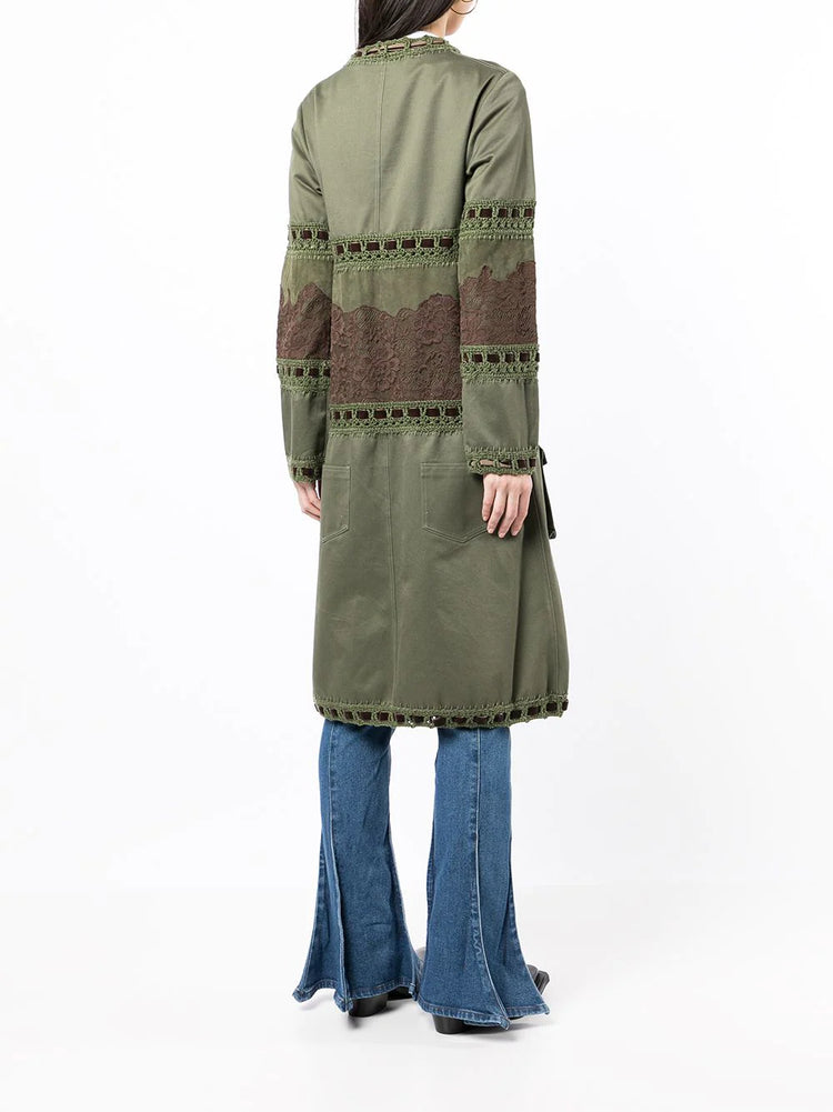 Military Green Lace Detail Single-breasted Coat - Replica Handbags