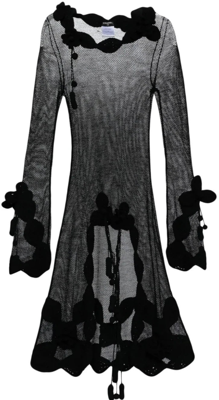Floral-Appliqué Semi-Sheer Dress