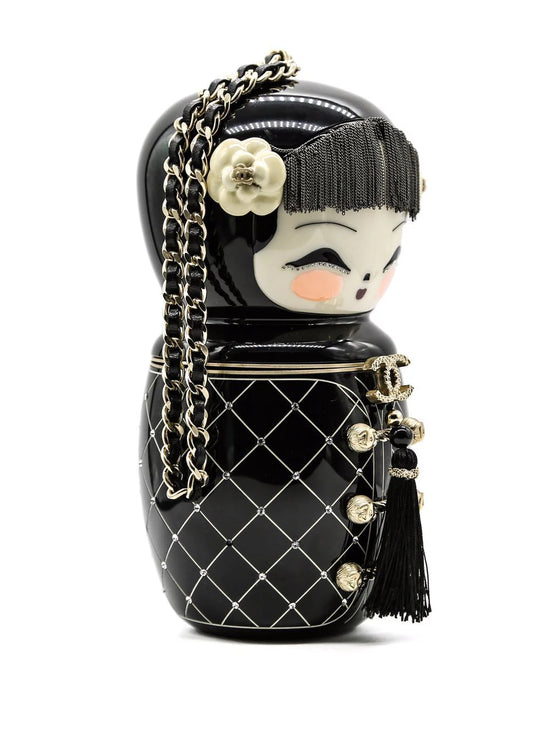 Black Plexiglass 
Enamel Paris-Shanghai China Doll Minaudiere - rewindvintageofficial