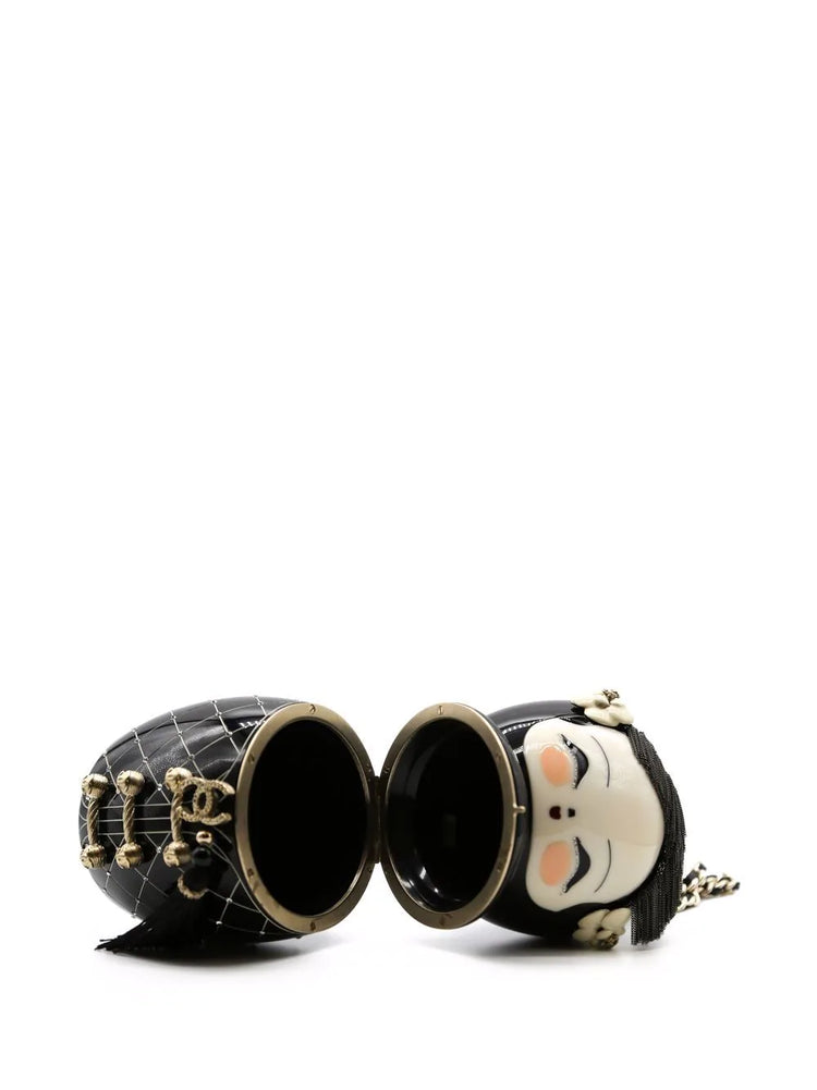 Black Plexiglass 
Enamel Paris-Shanghai China Doll Minaudiere - rewindvintageofficial