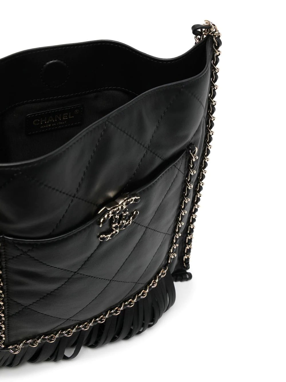 Black Leather and Chain Fringe Shopping Bag -  Replica Handbags
