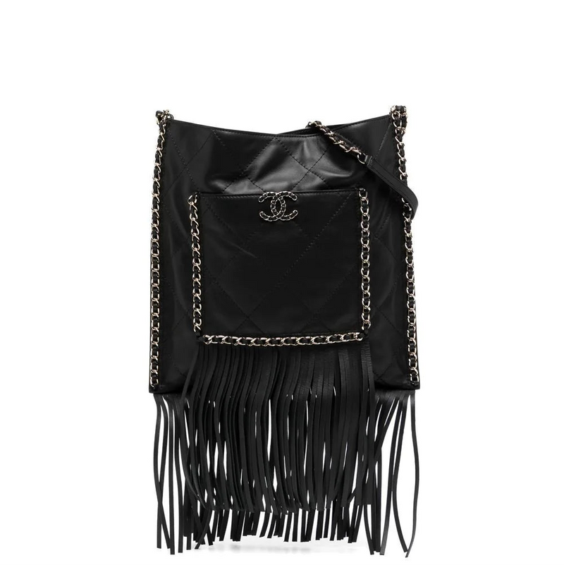 Black Leather and Chain Fringe Shopping Bag -  Replica Handbags
