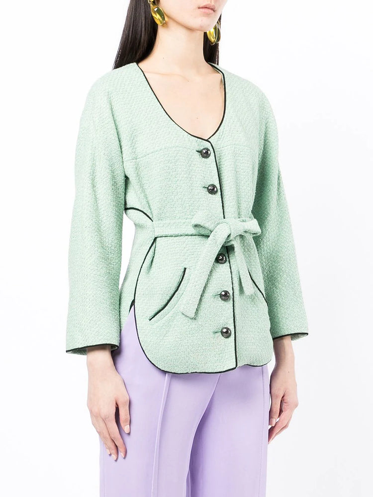 Green Belted Tweed Jacket -  Replica Handbags
