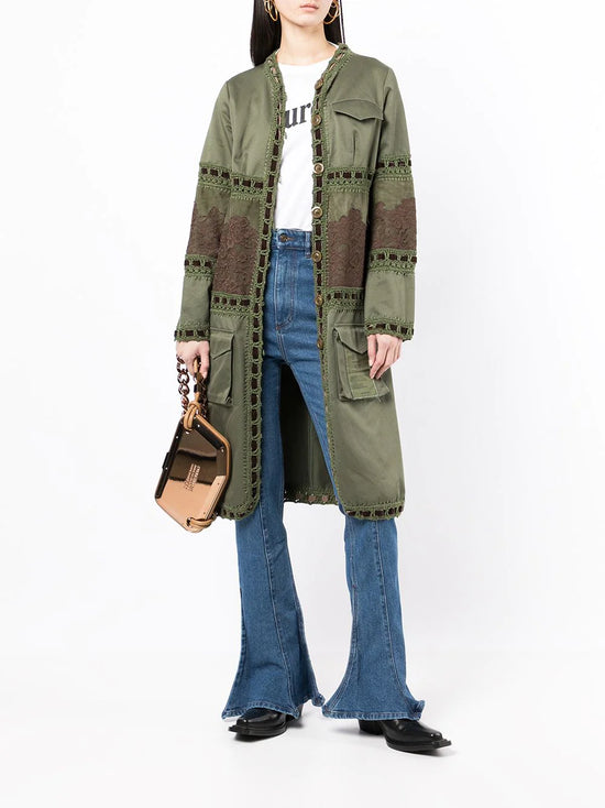 Military Green Lace Detail Single-breasted Coat -  Replica Handbags
