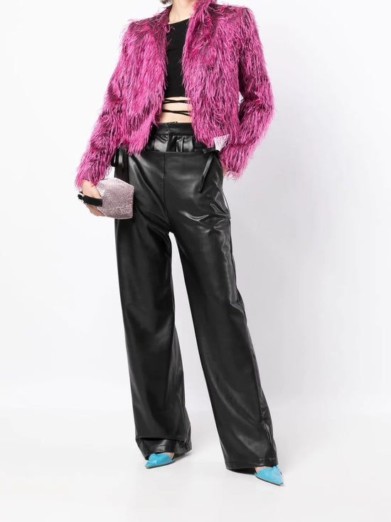 Fuchsia Shaggy Faux Fur Cropped Jacket -  Replica Handbags
