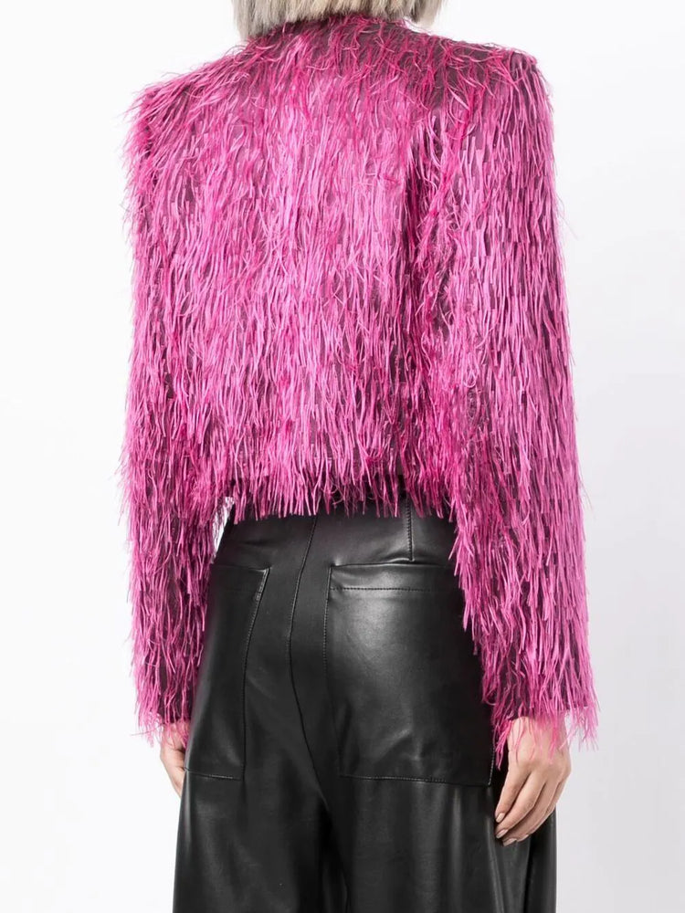 Fuchsia Shaggy Faux Fur Cropped Jacket -  Replica Handbags
