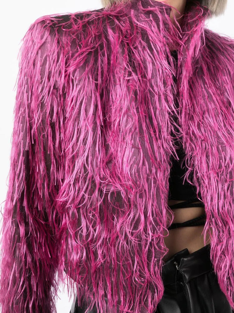 Fuchsia Shaggy Faux Fur Cropped Jacket -  Replica Handbags
